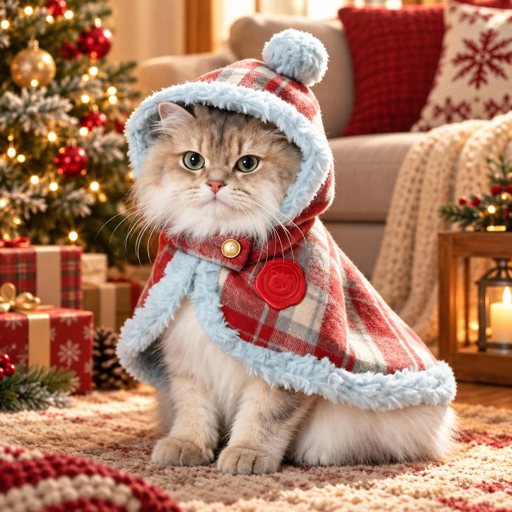 Red plaid hooded Christmas pet cape for cats and small dogs featuring plush trim, perfect for festive holiday celebrations. 0