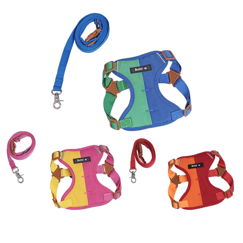 Reflective Adjustable Dog Harness and Leash Set for Small to Medium Dogs – Soft Breathable Polyester, Colorful Design 1