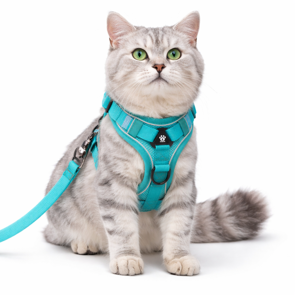 Reflective cat harness and leash set featuring adjustable fit and breathable mesh, designed for kittens and small cats, ensuring comfort and safety during outdoor walks. 1