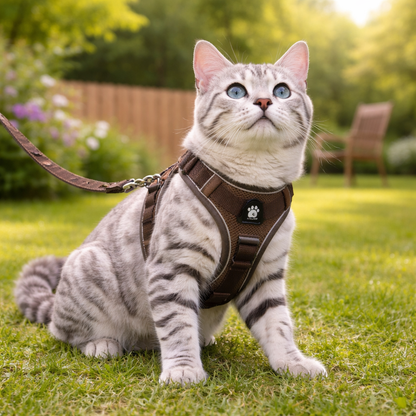 Reflective cat harness and leash set featuring adjustable fit and breathable mesh, designed for kittens and small cats, ensuring comfort and safety during outdoor walks. 2
