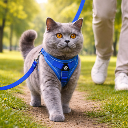 Reflective cat harness and leash set featuring adjustable fit and breathable mesh, designed for kittens and small cats, ensuring comfort and safety during outdoor walks. 3