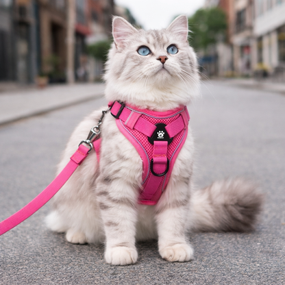 Reflective cat harness and leash set featuring adjustable fit and breathable mesh, designed for kittens and small cats, ensuring comfort and safety during outdoor walks. 4