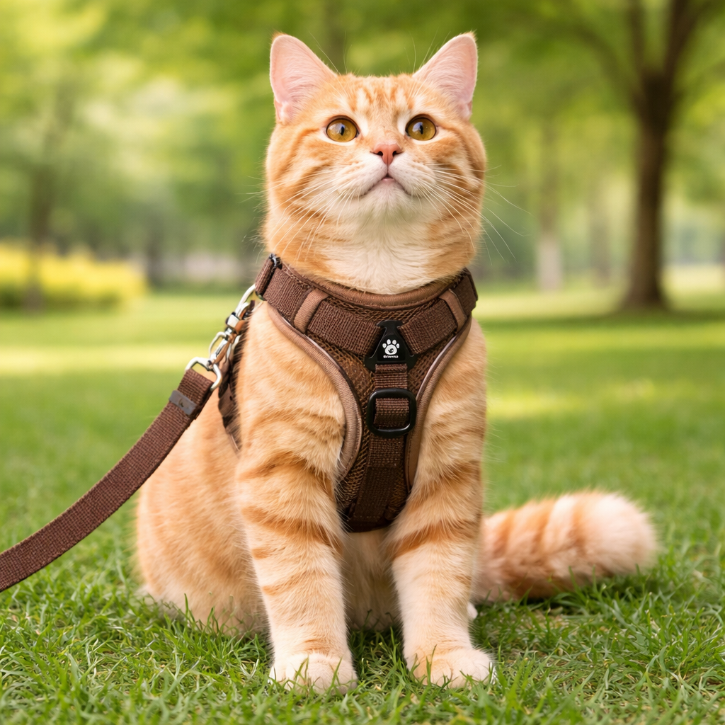 Reflective cat harness and leash set featuring adjustable fit and breathable mesh, designed for kittens and small cats, ensuring comfort and safety during outdoor walks. 5