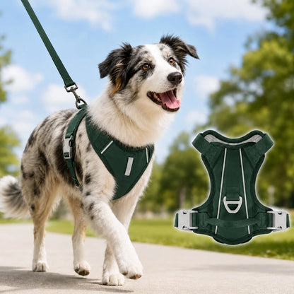 Reflective dog harness featuring a no pull design and sturdy handle, made from soft breathable mesh for enhanced comfort and control during walks. 0
