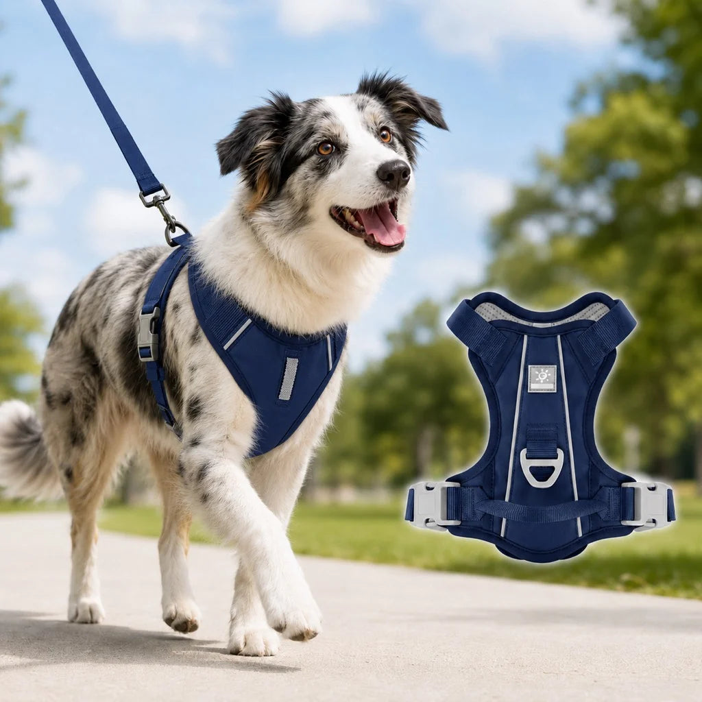 Reflective dog harness featuring a no pull design and sturdy handle, made from soft breathable mesh for enhanced comfort and control during walks. 1