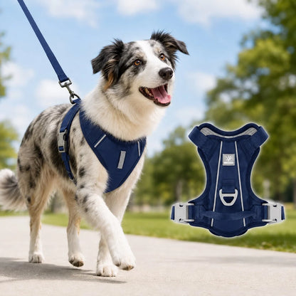 Reflective dog harness featuring a no pull design and sturdy handle, made from soft breathable mesh for enhanced comfort and control during walks. 1