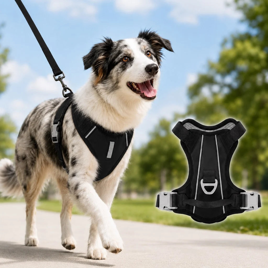 Reflective dog harness featuring a no pull design and sturdy handle, made from soft breathable mesh for enhanced comfort and control during walks. 10