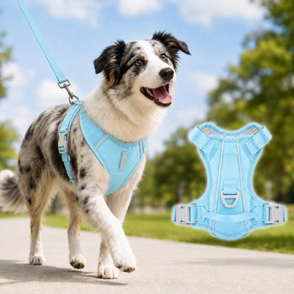 Reflective dog harness featuring a no pull design and sturdy handle, made from soft breathable mesh for enhanced comfort and control during walks. 11