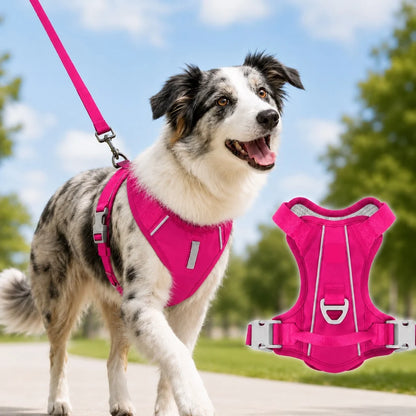 Reflective dog harness featuring a no pull design and sturdy handle, made from soft breathable mesh for enhanced comfort and control during walks. 12