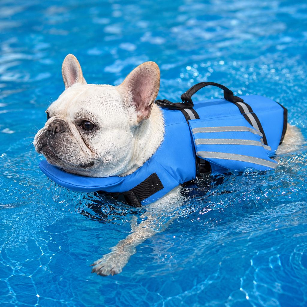 Reflective dog life jacket designed for flat-faced breeds, featuring chin float support, adjustable fit, durable 420D Oxford fabric, and an angel-wing 0