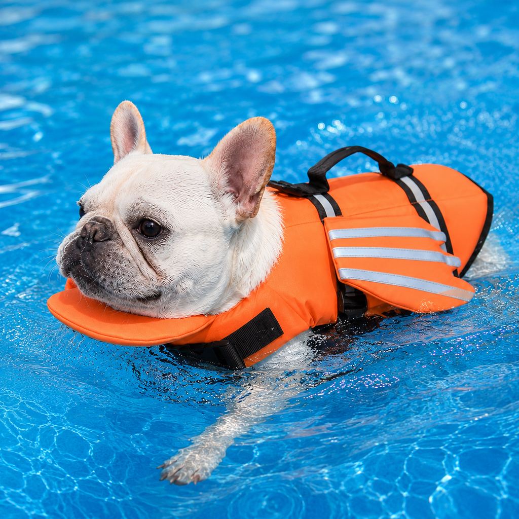 Reflective dog life jacket designed for flat-faced breeds, featuring chin float support, adjustable fit, durable 420D Oxford fabric, and an angel-wing 10