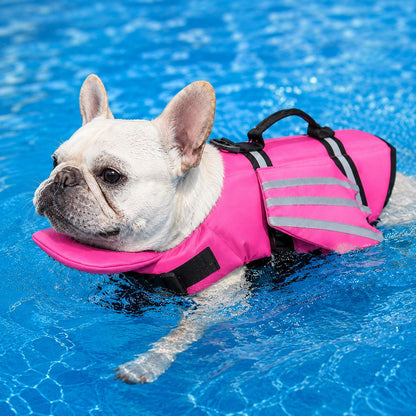 Reflective dog life jacket designed for flat-faced breeds, featuring chin float support, adjustable fit, durable 420D Oxford fabric, and an angel-wing 11