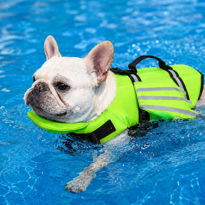 Reflective dog life jacket designed for flat-faced breeds, featuring chin float support, adjustable fit, durable 420D Oxford fabric, and an angel-wing 9