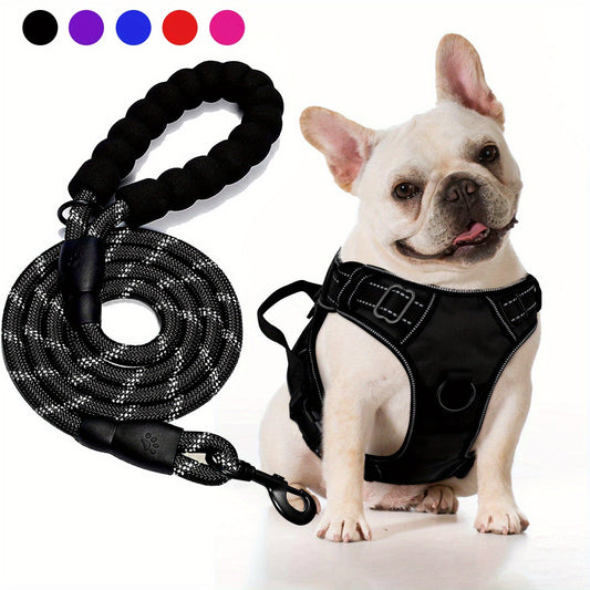 Reflective no-pull dog harness with adjustable Oxford fabric and leash set, designed for medium and large dogs for safe and comfortable walks. 0