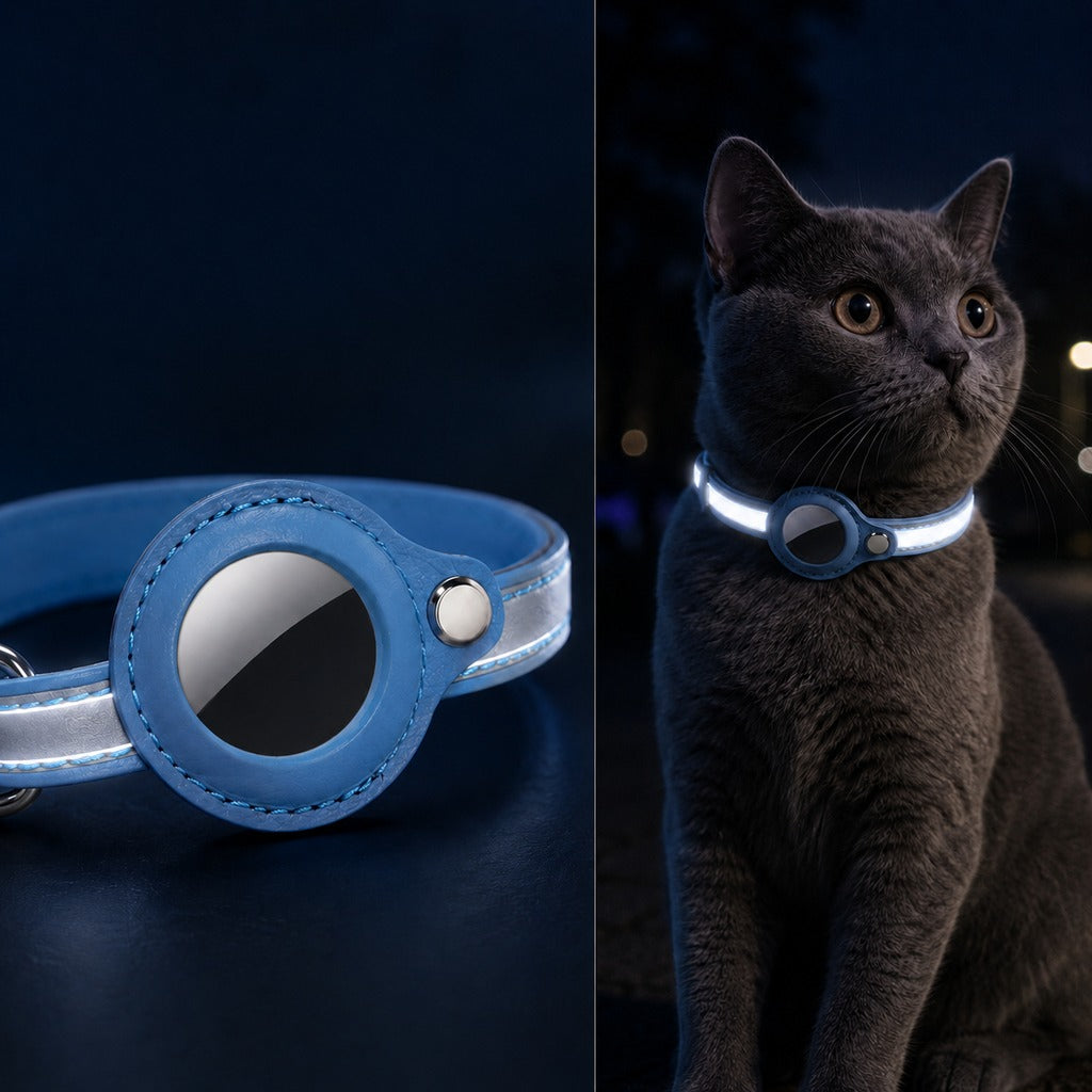 Reflective pet collar designed for cats and small dogs, featuring a secure tracker holder and adjustable PU leather for comfort and safety. 0