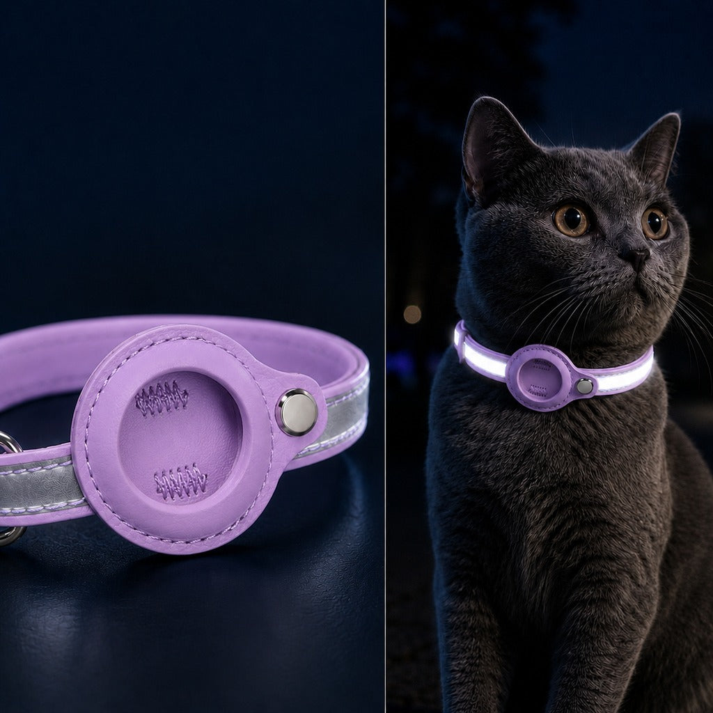 Reflective pet collar designed for cats and small dogs, featuring a secure tracker holder and adjustable PU leather for comfort and safety. 10