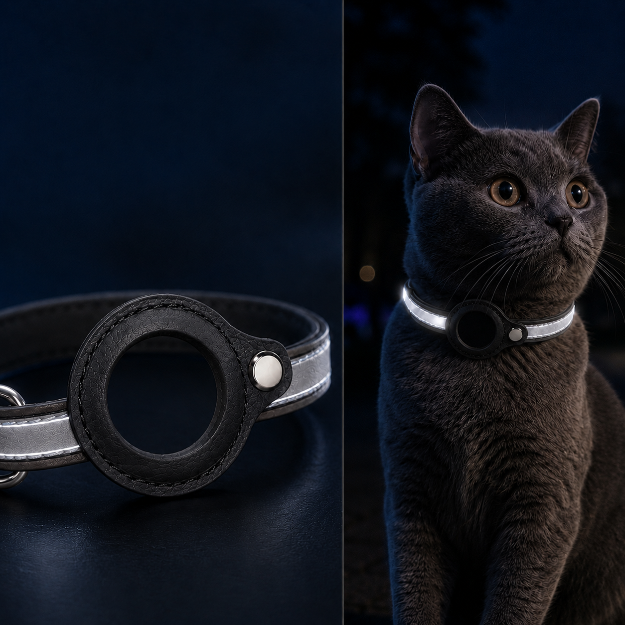 Reflective pet collar designed for cats and small dogs, featuring a secure tracker holder and adjustable PU leather for comfort and safety. 11