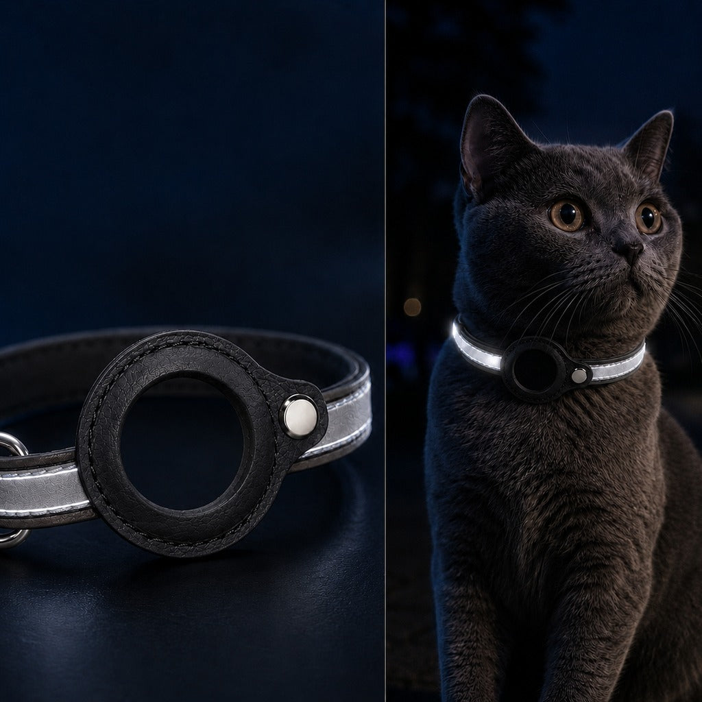 Reflective pet collar designed for cats and small dogs, featuring a secure tracker holder and adjustable PU leather for comfort and safety. 12
