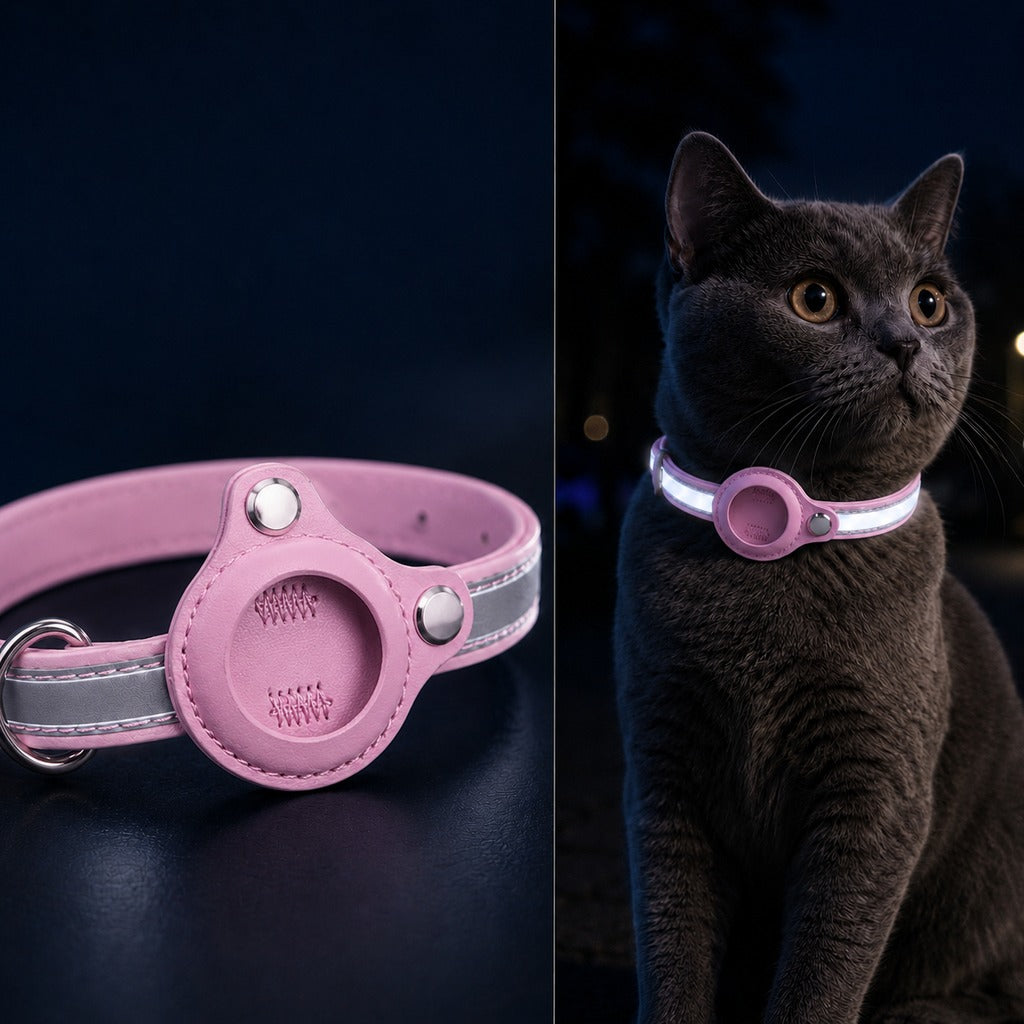 Reflective pet collar designed for cats and small dogs, featuring a secure tracker holder and adjustable PU leather for comfort and safety. 9