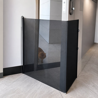 Retractable pet gate for indoor use with no-drill installation, featuring a space-saving mesh design suitable for dogs and cats. 10