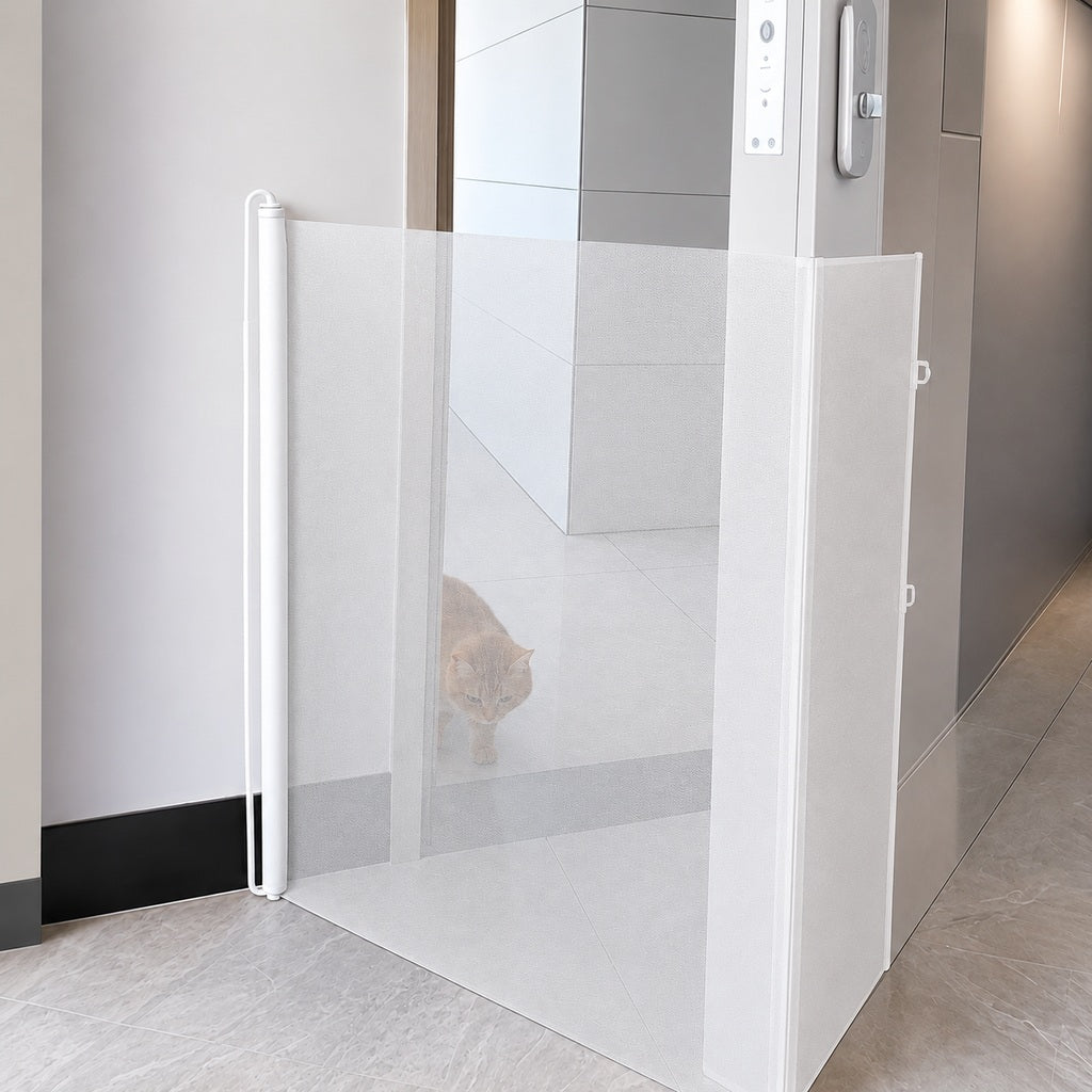 Retractable pet gate for indoor use with no-drill installation, featuring a space-saving mesh design suitable for dogs and cats. 9