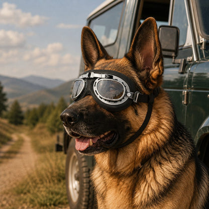 Retro Aviator Dog Goggles featuring adjustable straps for optimal fit, designed for wind and dust protection, providing lightweight eye protection for your canine companion. 0