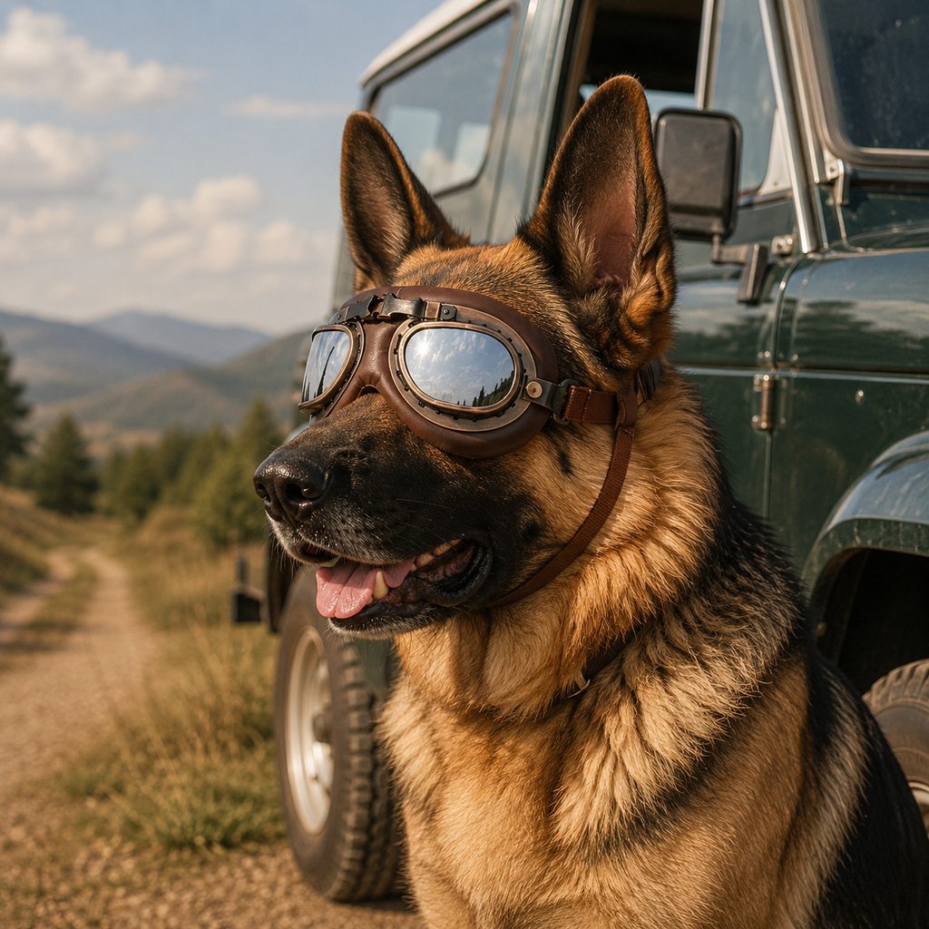 Retro Aviator Dog Goggles featuring adjustable straps for optimal fit, designed for wind and dust protection, providing lightweight eye protection for your canine companion. 1