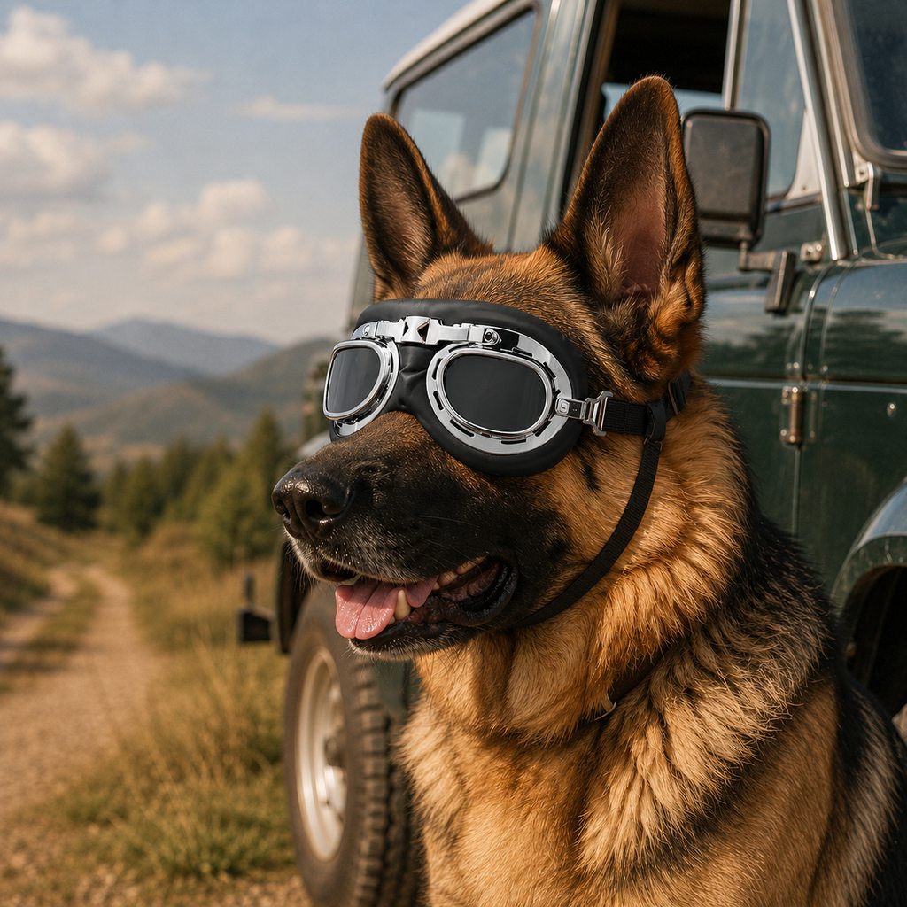 Retro Aviator Dog Goggles featuring adjustable straps for optimal fit, designed for wind and dust protection, providing lightweight eye protection for your canine companion. 10