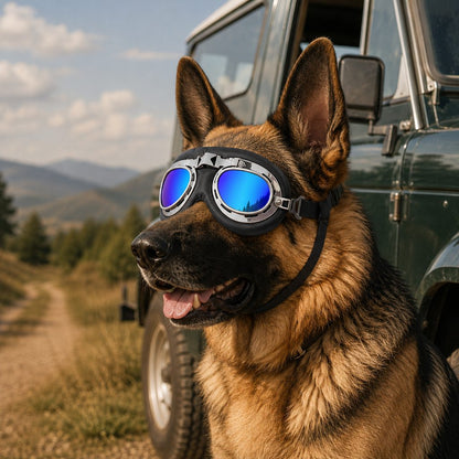 Retro Aviator Dog Goggles featuring adjustable straps for optimal fit, designed for wind and dust protection, providing lightweight eye protection for your canine companion. 11