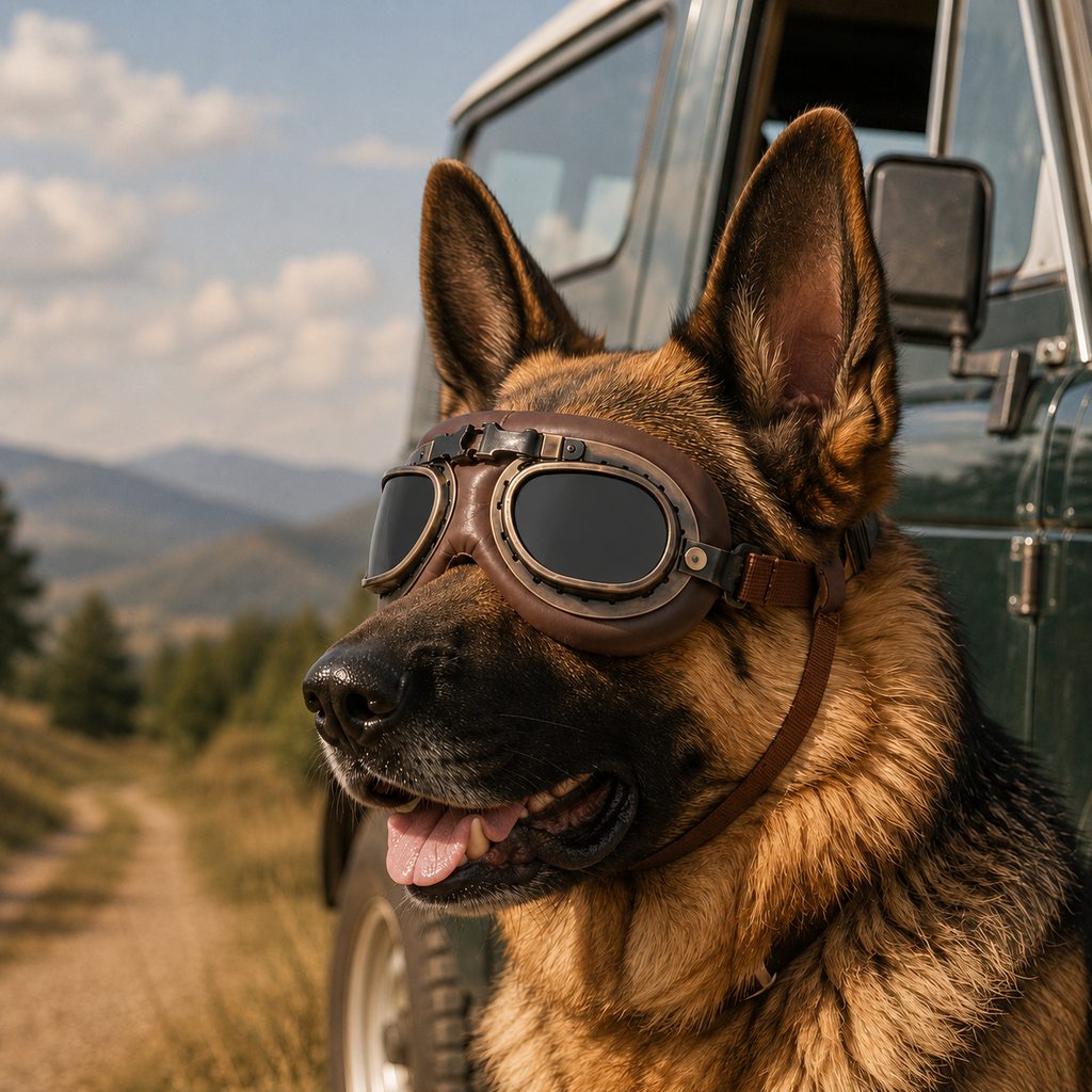 Retro Aviator Dog Goggles featuring adjustable straps for optimal fit, designed for wind and dust protection, providing lightweight eye protection for your canine companion. 12