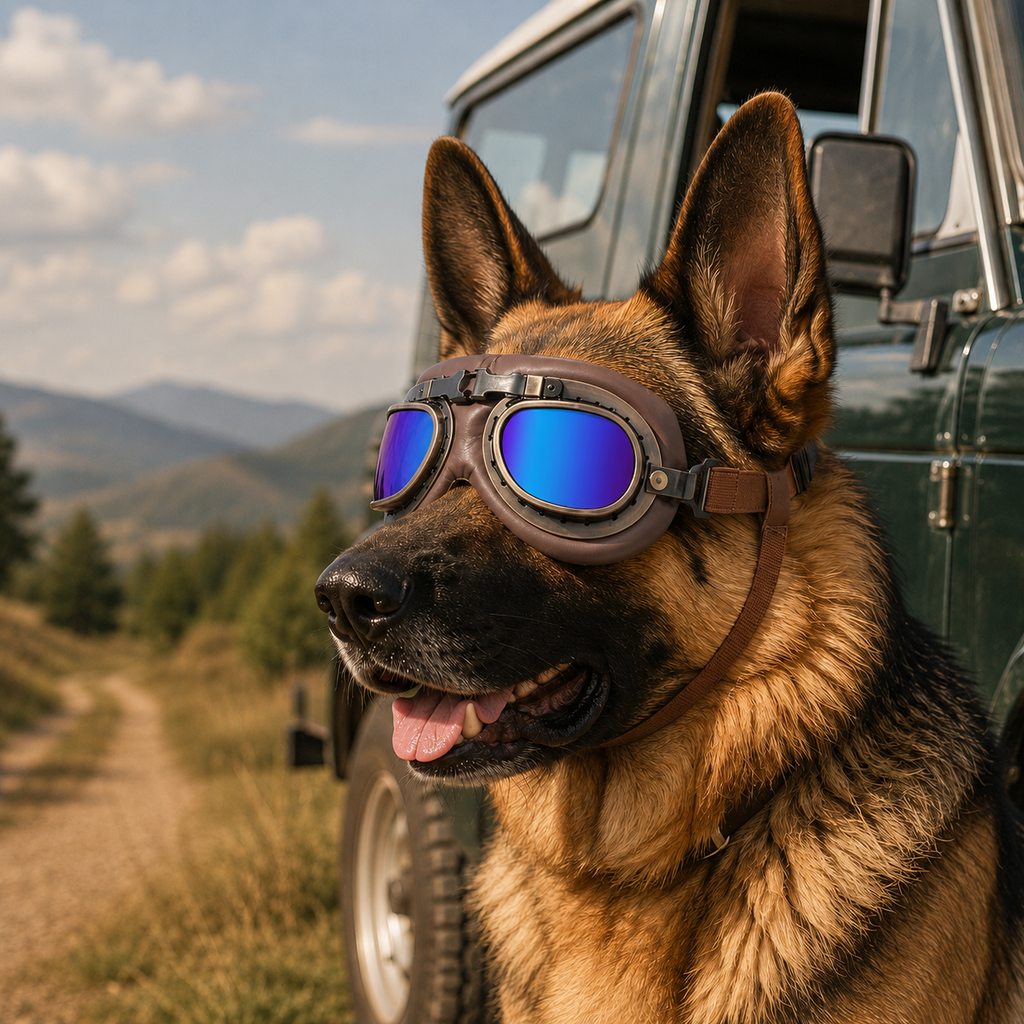 Retro Aviator Dog Goggles featuring adjustable straps for optimal fit, designed for wind and dust protection, providing lightweight eye protection for your canine companion. 13