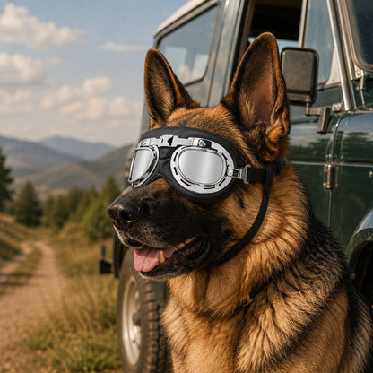 Retro Aviator Dog Goggles featuring adjustable straps for optimal fit, designed for wind and dust protection, providing lightweight eye protection for your canine companion. 14