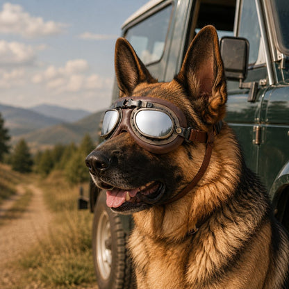 Retro Aviator Dog Goggles featuring adjustable straps for optimal fit, designed for wind and dust protection, providing lightweight eye protection for your canine companion. 15