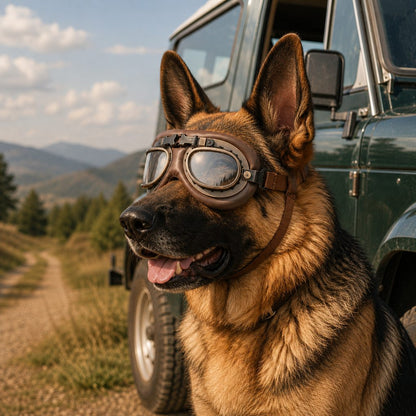 Retro Aviator Dog Goggles featuring adjustable straps for optimal fit, designed for wind and dust protection, providing lightweight eye protection for your canine companion. 9