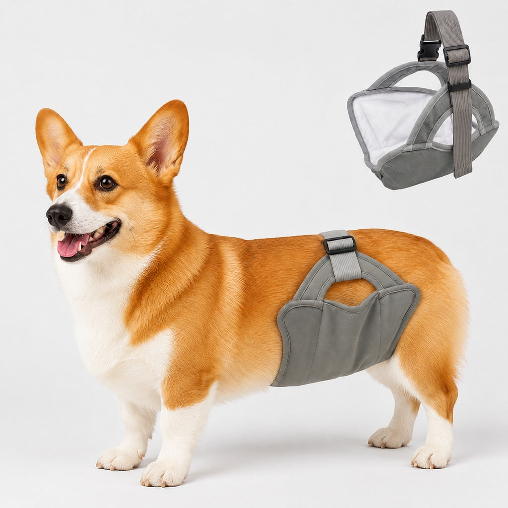 Adjustable reusable dog diaper for female dogs in heat, featuring washable fabric for comfort and protection during heat cycles. 1