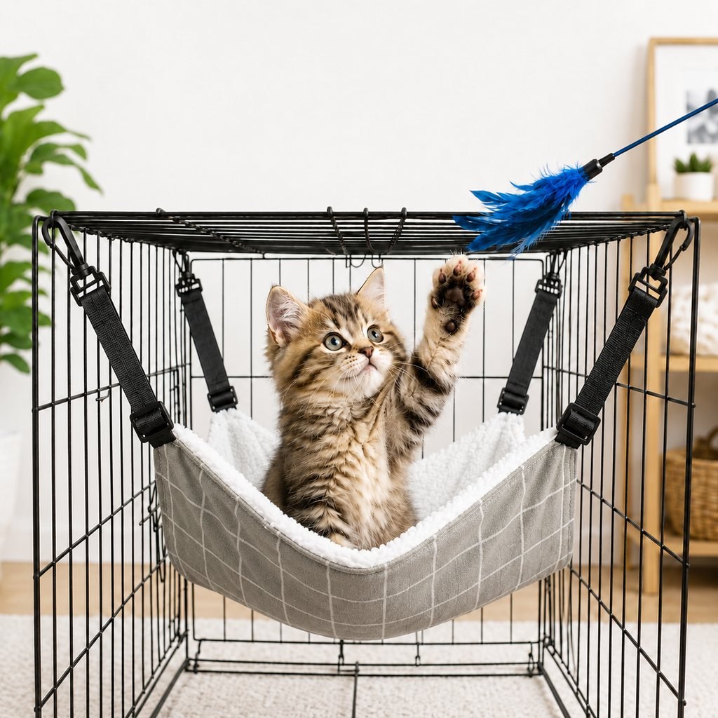 Reversible cat hammock bed featuring adjustable straps for wire cages, made from cozy plush and lightweight fabric options, providing comfort and style for your feline friend. 0