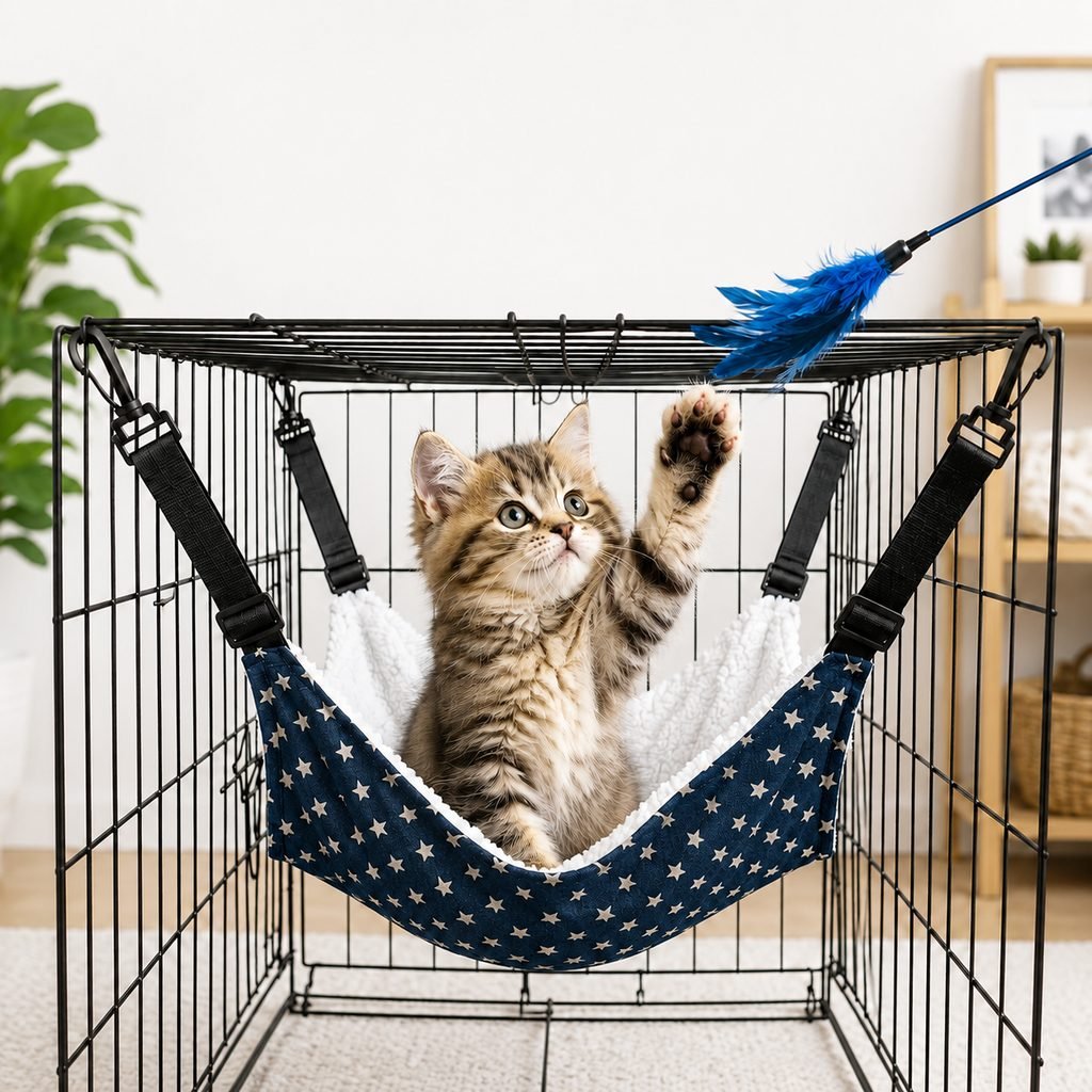 Reversible cat hammock bed featuring adjustable straps for wire cages, made from cozy plush and lightweight fabric options, providing comfort and style for your feline friend. 1