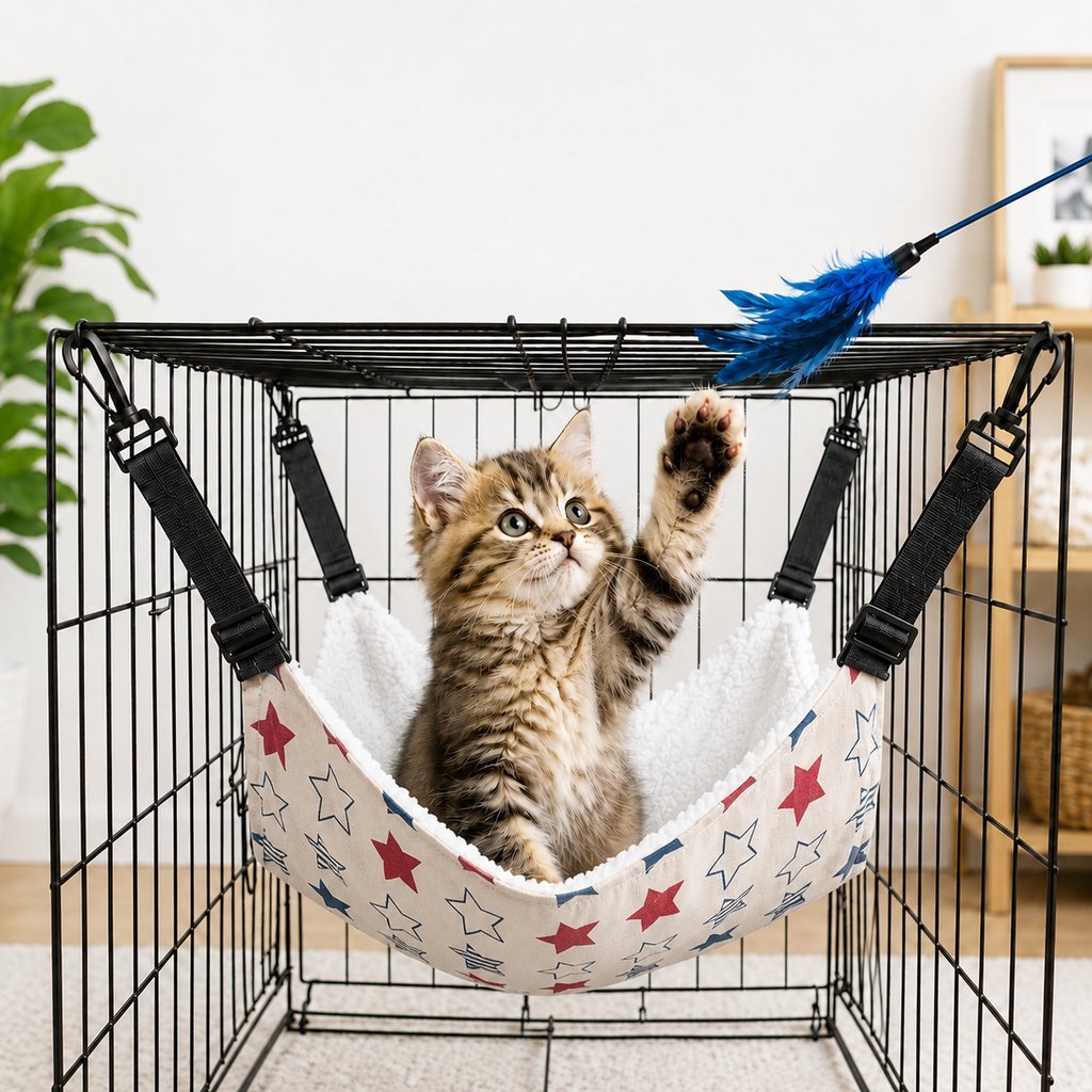 Reversible cat hammock bed featuring adjustable straps for wire cages, made from cozy plush and lightweight fabric options, providing comfort and style for your feline friend. 10