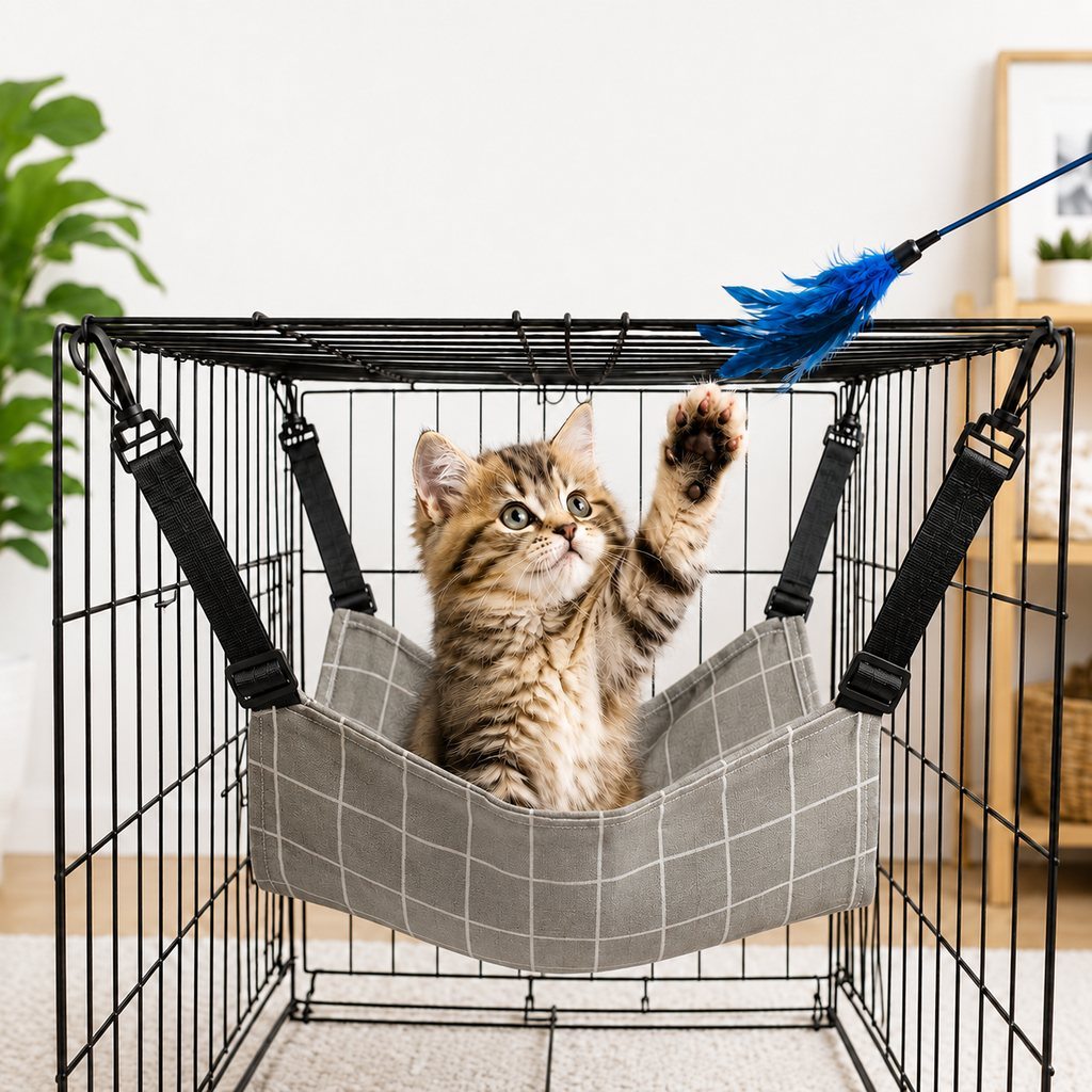 Reversible cat hammock bed featuring adjustable straps for wire cages, made from cozy plush and lightweight fabric options, providing comfort and style for your feline friend. 11