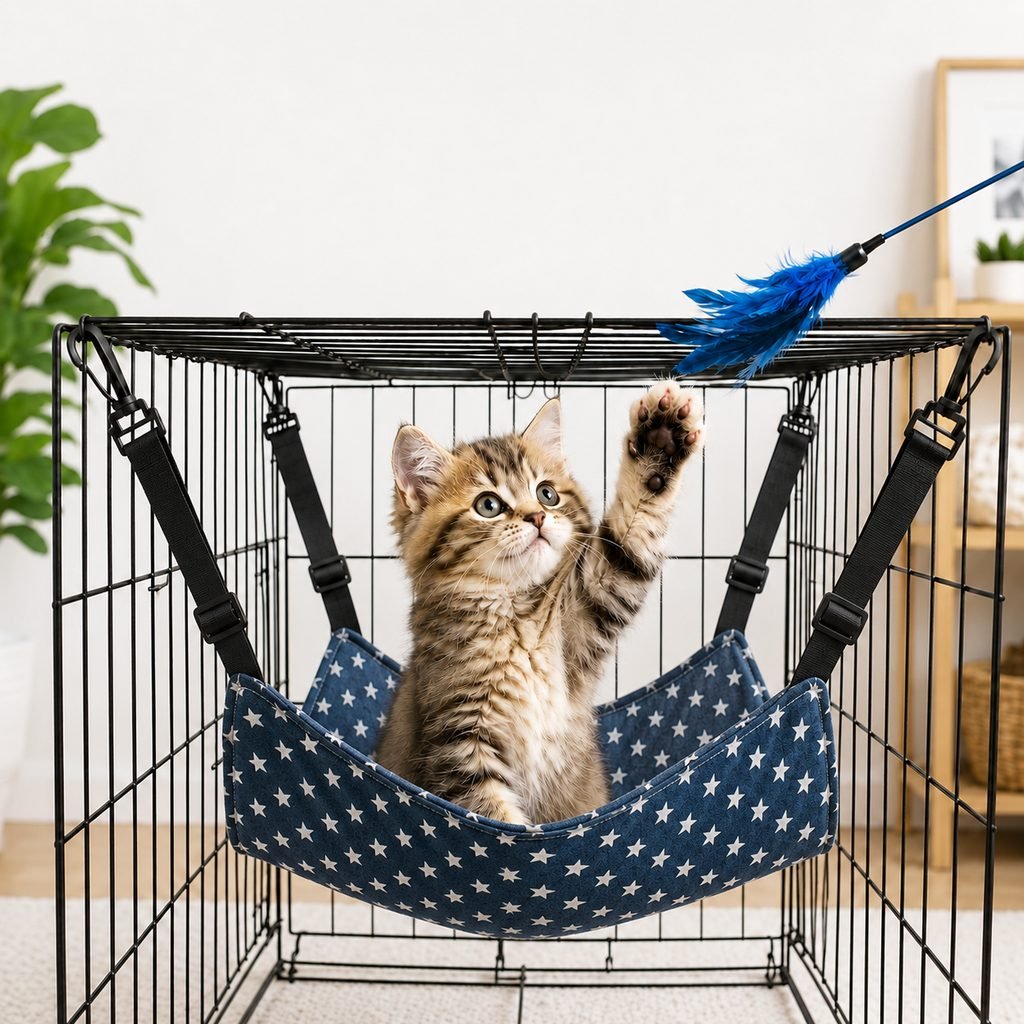 Reversible cat hammock bed featuring adjustable straps for wire cages, made from cozy plush and lightweight fabric options, providing comfort and style for your feline friend. 12