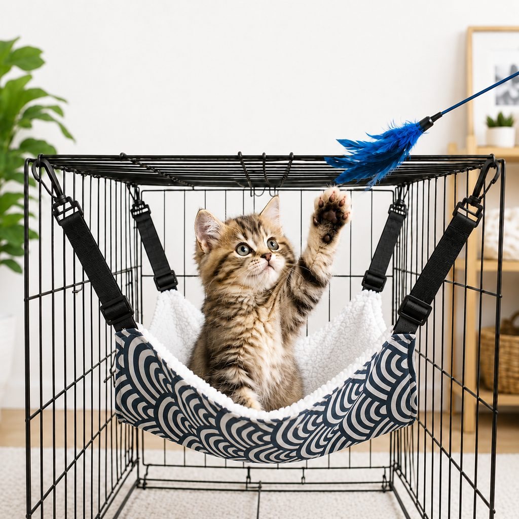 Reversible cat hammock bed featuring adjustable straps for wire cages, made from cozy plush and lightweight fabric options, providing comfort and style for your feline friend. 13