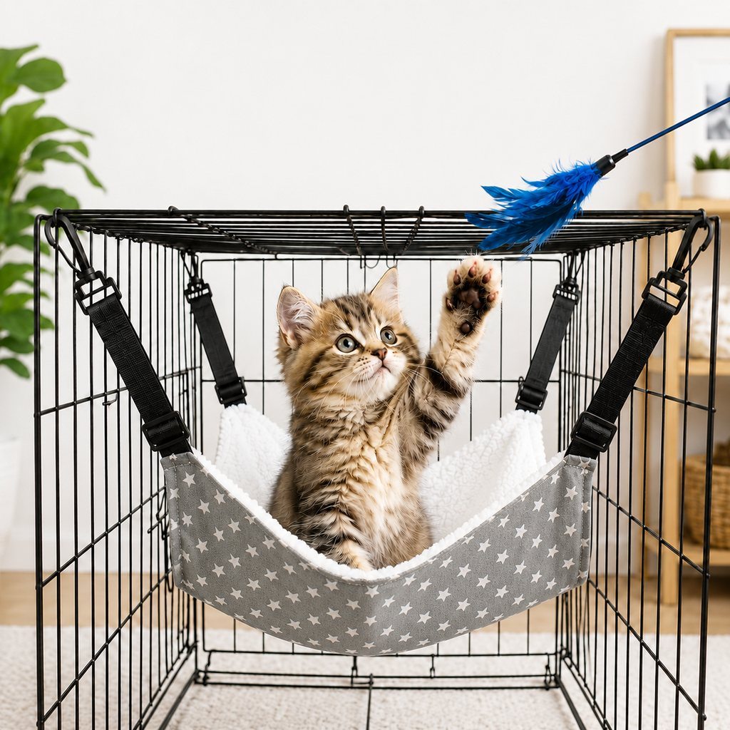 Reversible cat hammock bed featuring adjustable straps for wire cages, made from cozy plush and lightweight fabric options, providing comfort and style for your feline friend. 15