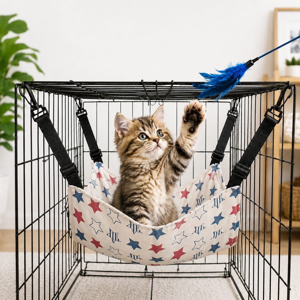 Reversible cat hammock bed featuring adjustable straps for wire cages, made from cozy plush and lightweight fabric options, providing comfort and style for your feline friend. 16