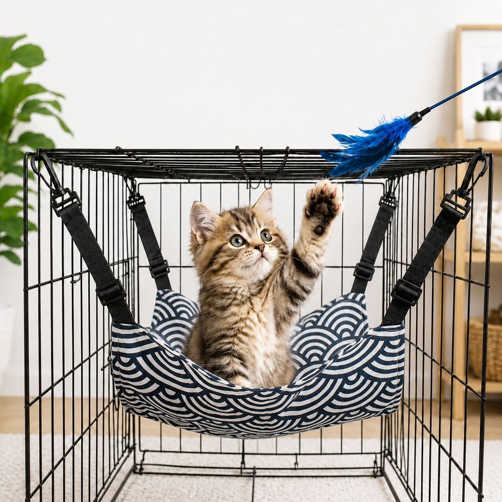 Reversible cat hammock bed featuring adjustable straps for wire cages, made from cozy plush and lightweight fabric options, providing comfort and style for your feline friend. 9