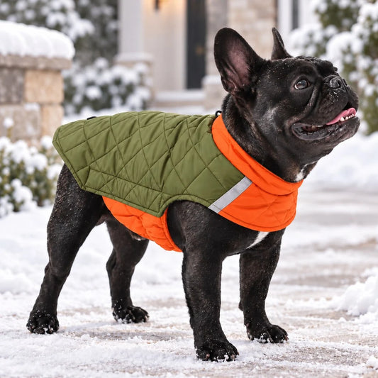 Reversible dog coat featuring water-resistant fabric and reflective details, designed as a quilted winter jacket for cold weather protection. 0