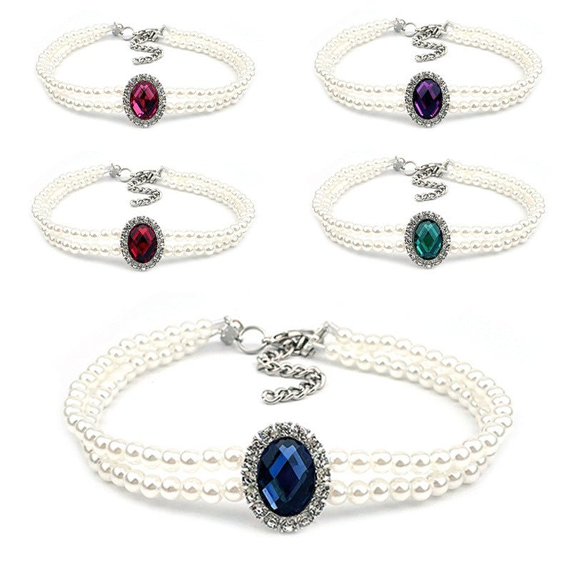 Rhinestone Jeweled Pet Necklace in Vibrant Colors – Metal and Artificial Pearl Design for Stylish Pets 1