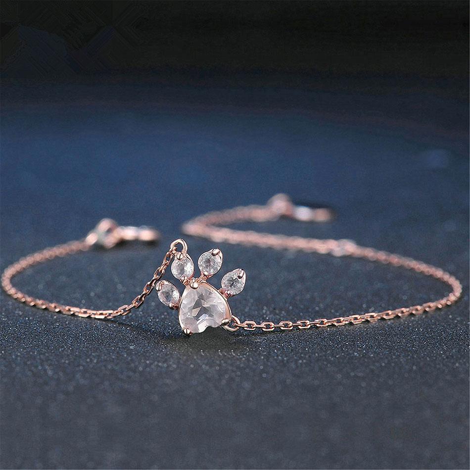 Rose Quartz Paw Print Bracelet – Hypoallergenic Silver with Rose Gold Coating for Cat Lovers 0