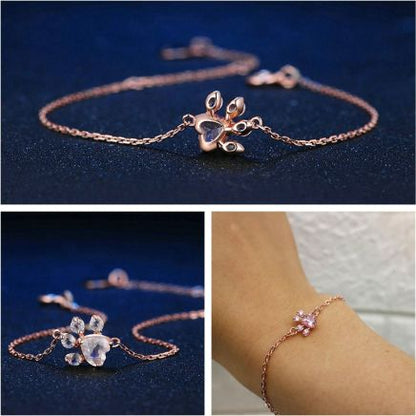 Rose Quartz Paw Print Bracelet – Hypoallergenic Silver with Rose Gold Coating for Cat Lovers 1