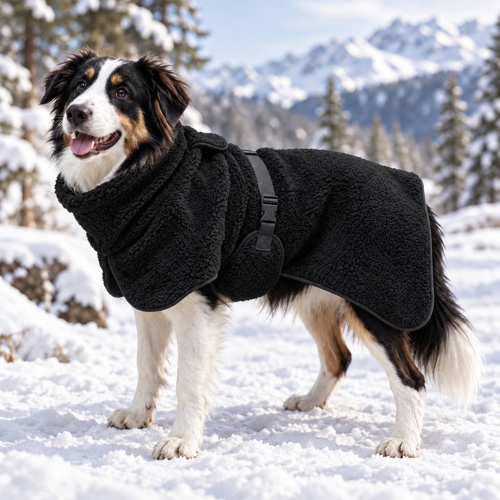 Sherpa fleece dog coat for winter featuring adjustable fit and leash opening, perfect for keeping pets warm during outdoor activities. 0