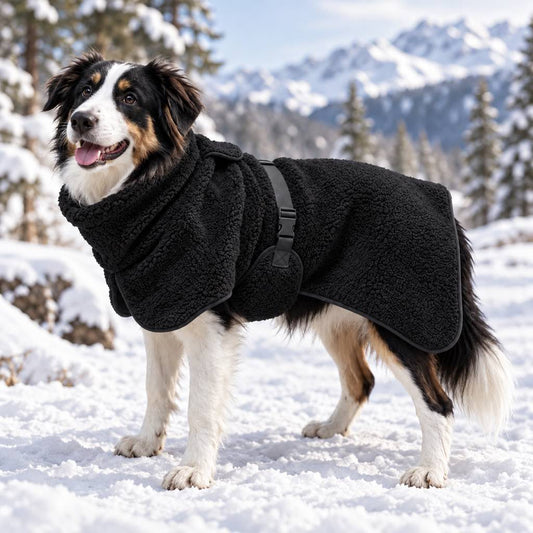 Sherpa fleece dog coat for winter featuring adjustable fit and leash opening, perfect for keeping pets warm during outdoor activities. 0